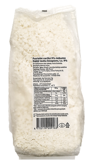 Varškė biri pusriebė 9% 1kg maiš. RVN