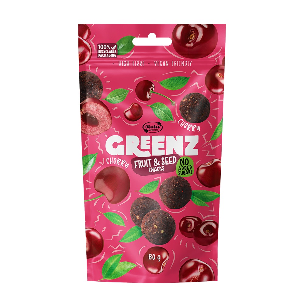 Vaisių ir sėklų užkandžiai su vyšniomis „Greenz cherry“, 80 g